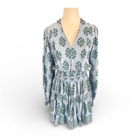 OMIKA Adele Mini Dress XS Blue Green Floral Smocked Boho Resort 100% Modal - Picture 4 of 12